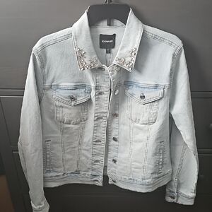 Express Light Blue Classic Denim Jacket with Sparkling Collar